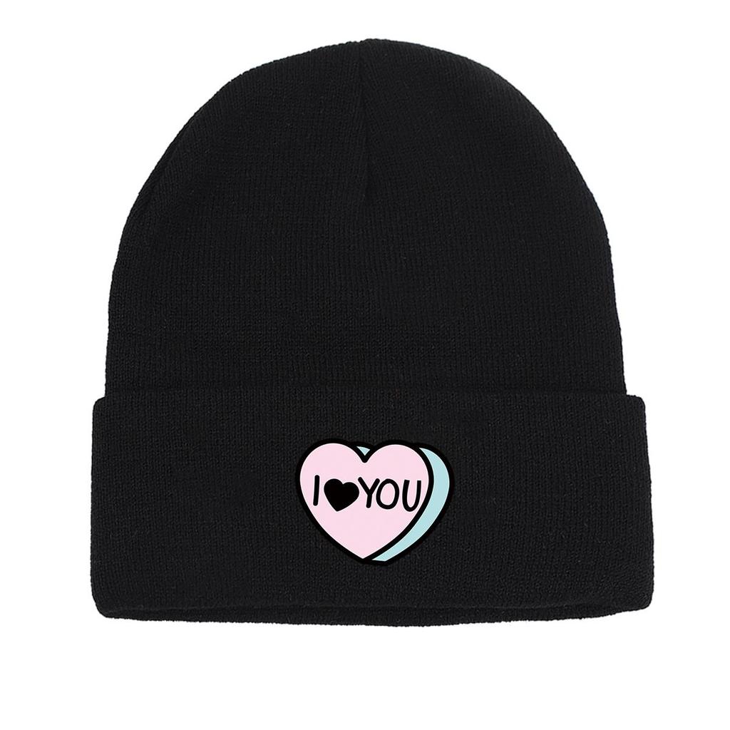 I LOVE YOU" Print Knitted Cap Beanie, Valentine's Day Woman Cap Winter Soft Hip Hop Headwear Knitted Cap Beanie