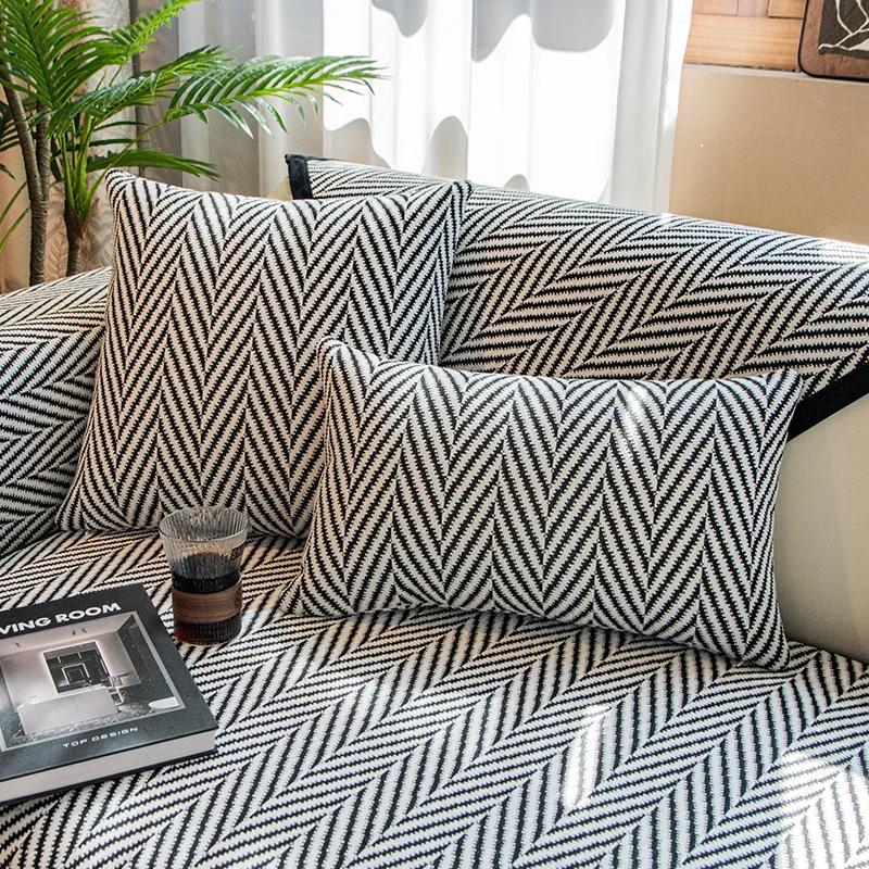 Sofa Cushion Fish Bone Pattern Winter Thickened Chenille Cushion Non-slip Leather Sofa Cover Cover 2025 New Cover Cloth Towel