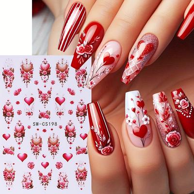 5D Walentynkowy Wytłaczany Naklejka na Paznokcie Serce Kwiat Czerwony Serce Miłości DIY Romantyczna Dekoracja Manicure