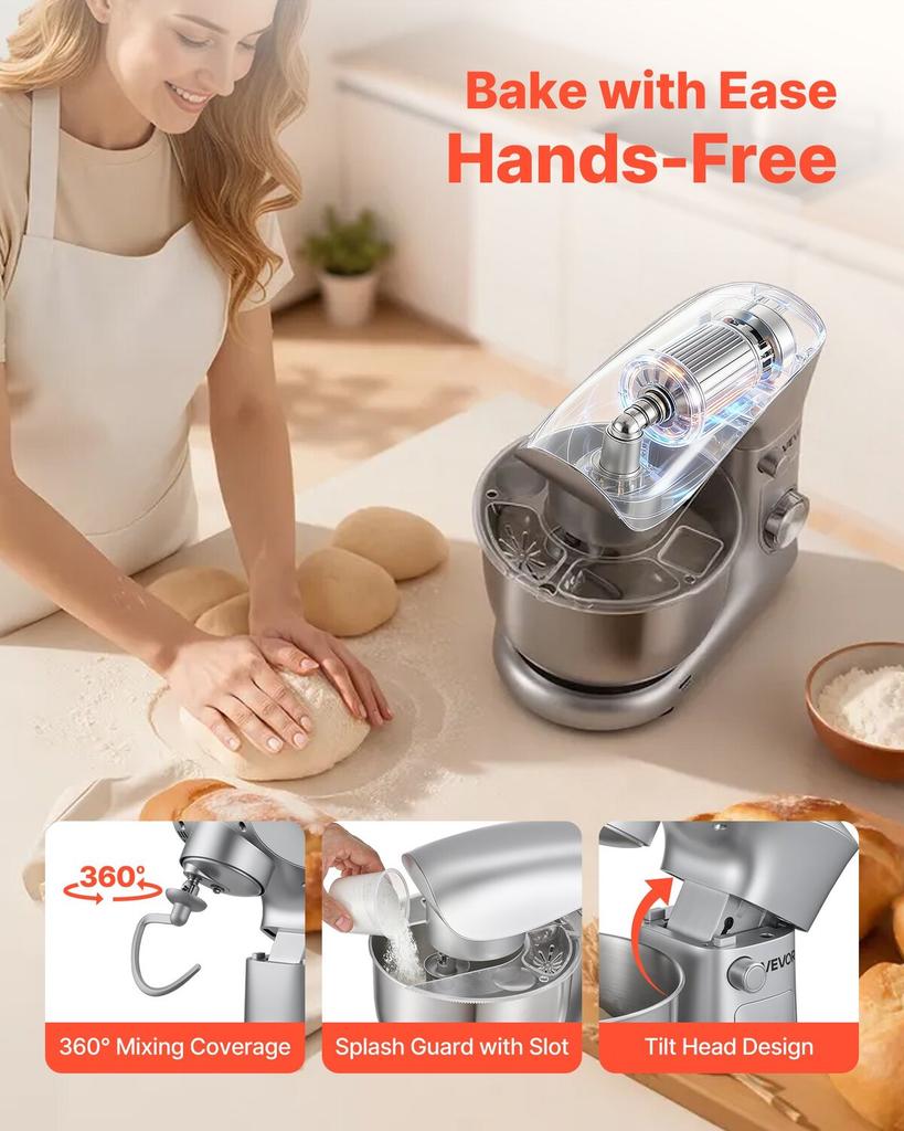 Stand Mixer, 4.2 L Electric Kitchen Mixer, 1500W Dough-Mixer, 10 + Pulse Speeds Tilt-head Food-Mixer with Stainless Steel Bowl, Dough Hook, Whisk,