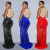 European and American Fashion Women's Sleeveless Rhinestone Round Neck Long Dress