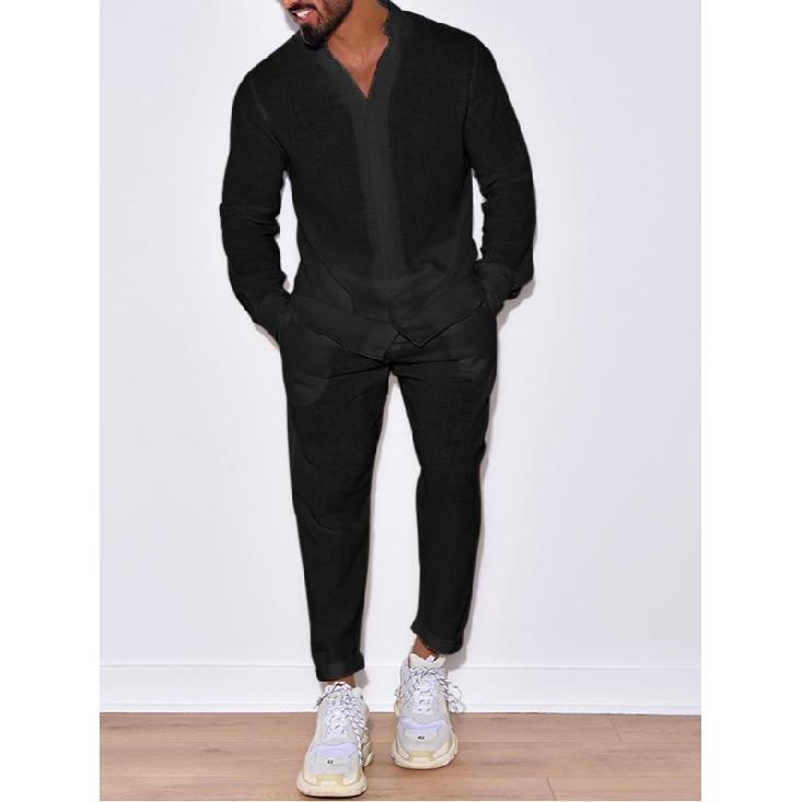 Sommer Neue Herren Baumwolle und Leinen Lässig Locker Kurzarm Shorts Einfarbig Sportanzug für Herren