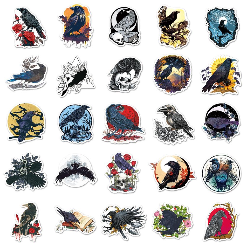 50-Piece Gothic Crow Cartoon Stickers: Dark Horror Halloween Design, Waterproof Décor for Journals & Phone Cases.