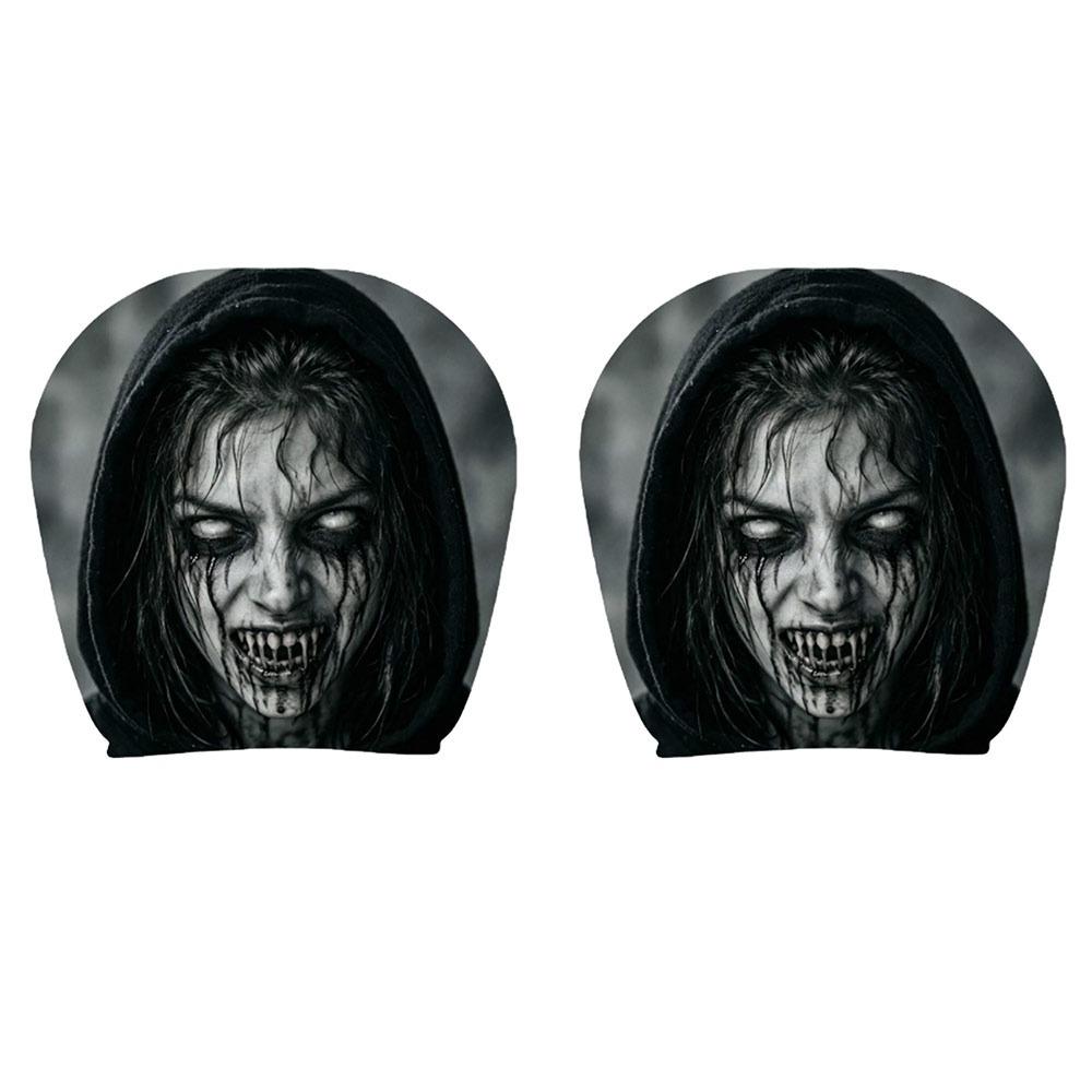 2Pcs Black Car Seat Cover Scary Face Printing Car Headrest Protector Car Headrest Cover Halloween