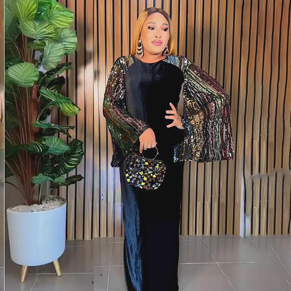Elegante Gonna Lunga in Flanella con Paillettes Europee e Americane per Donne Africane - Vestibilità Slim, Taglia Grande, Design Grazioso