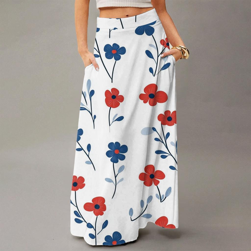 Damen Lässig Freizeit Faltbar Blumenmuster Hohe Taille Mit Tasche Drapierter Entspannter Langer Maxi-Rock