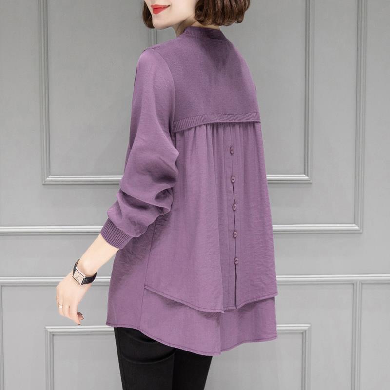 Autumn Winter Women Fashion Round Neck Fake Two Piece Knit Sweater Long Sleeve Loose Pullover Casual Top