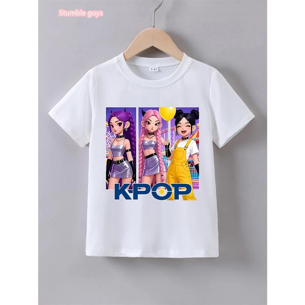 Summer Casual Kids Kpop T-Shirt Cute Anime Print Short Sleeve Anime Clothes Soft Cartton Tee Tops For Girls Daily Outdoor Wear