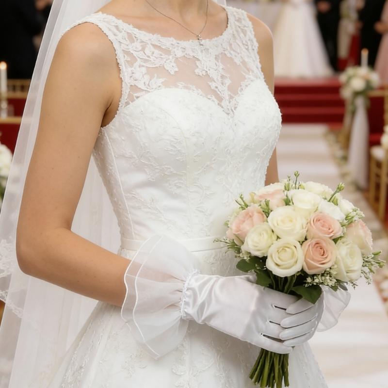 Satined Wedding Gloves with Ruffled Cuffs Design for Bride Wedding Ceremony Reception and Seasonal Occasion Handwear