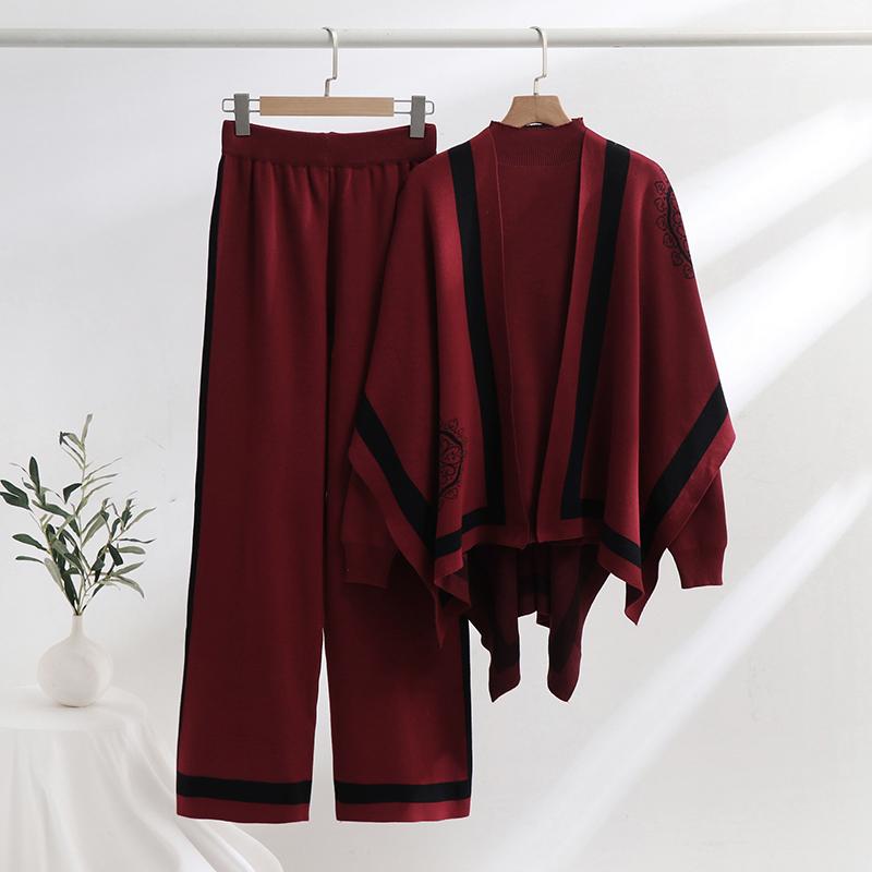 Elegante abito in maglia a tre pezzi con stampa floreale, autunno inverno, top in maglia e pantaloni a gamba larga, set casual da 3 pezzi con scialli per donna