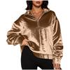 Women's Solid Color Hooded Loose Long Sleeved Zipper Pocket Gold Velvet Top Sweatshirt