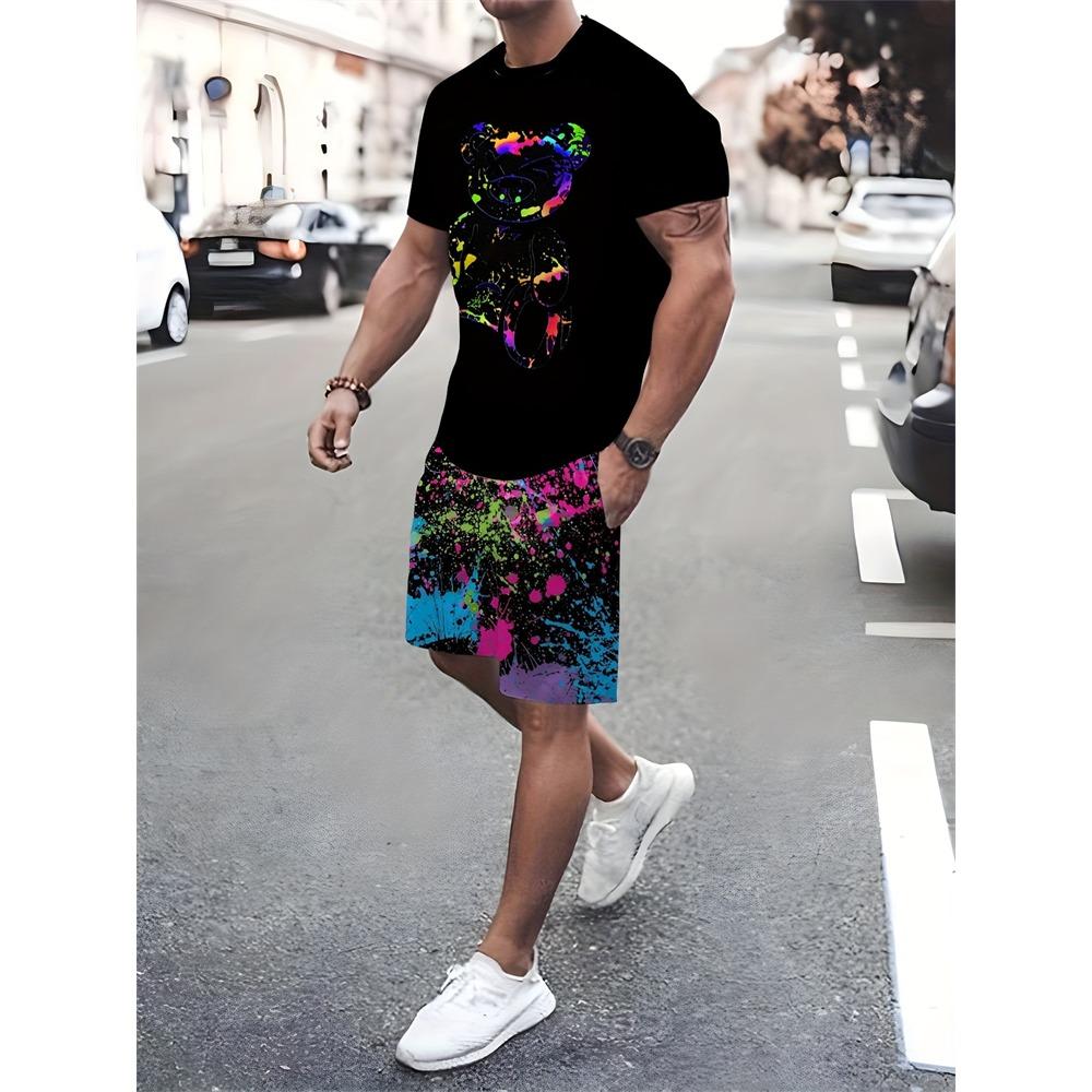 New Stitching Printed Men's Suit Summer Round Neck Short Sleeve Top And Casual Shorts Fashion Street Style Two-Piece Set