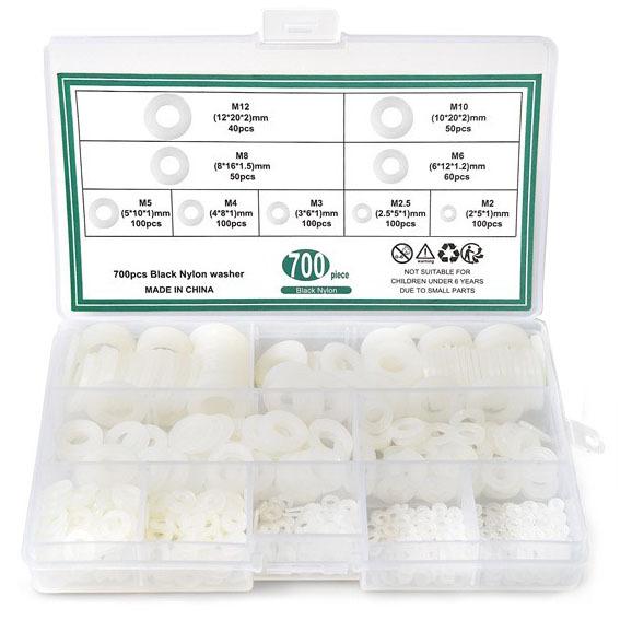 

Набор из 700 штук черно-белых нейлоновых плоских прокладок, черные изоляционные прокладки, белая пластиковая коробка для прокладок. White 700pcs nylon gasket