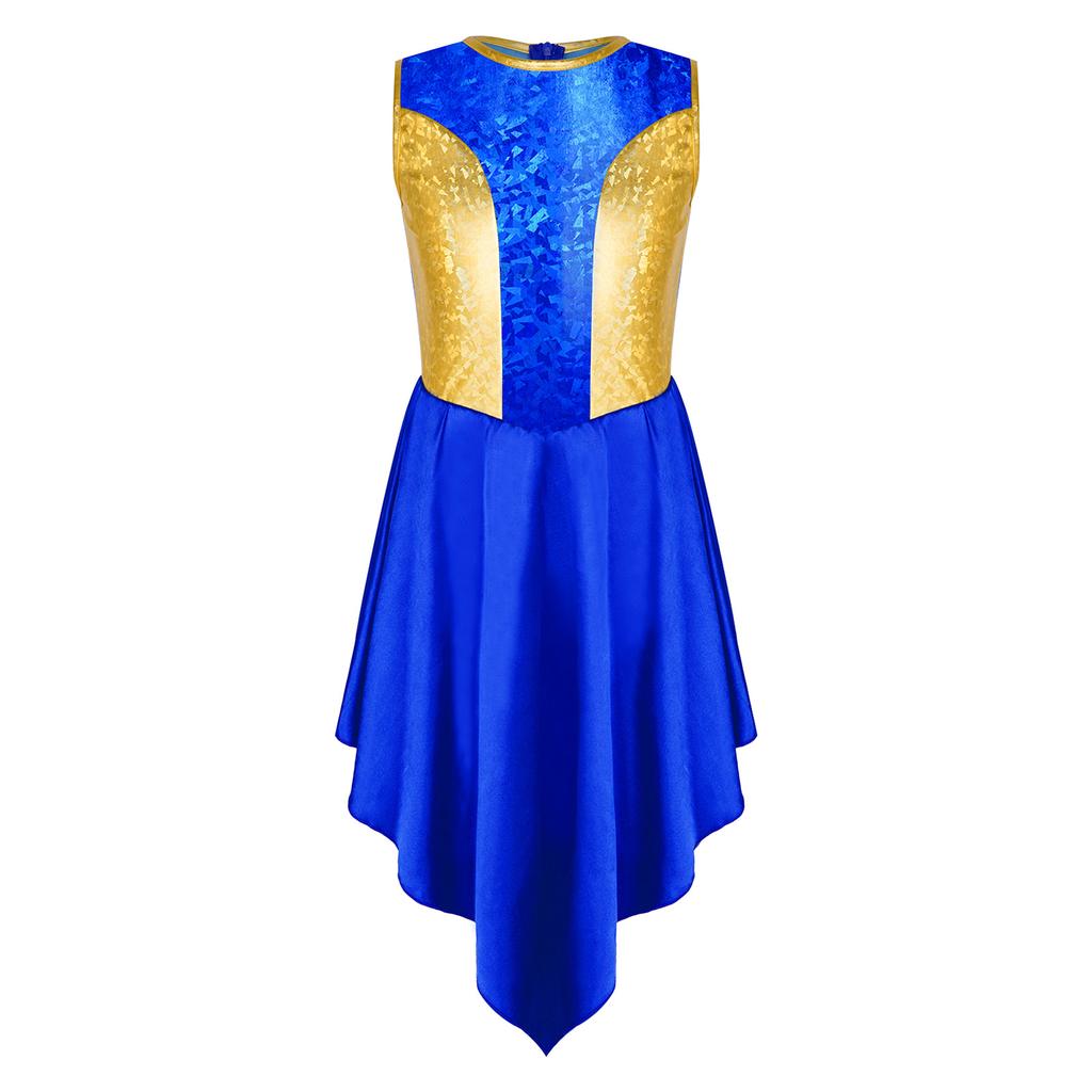 Girls Liturgical Dance Dress Sleeveless Metallic Bodice Color Block with Back Zipper and Asymmetrical Satin Hem for Praise Worship Service