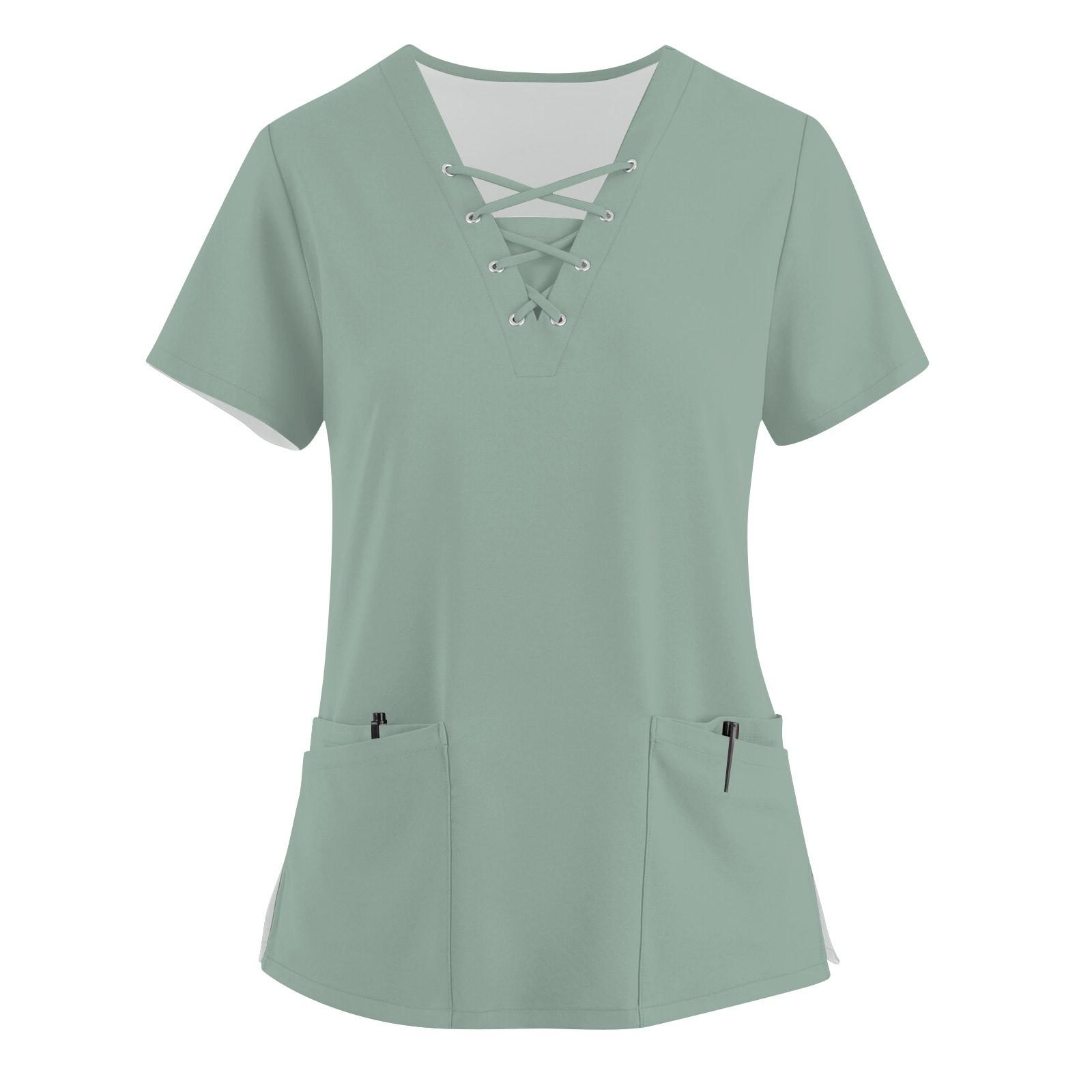 

Женская модная рабочая одежда с v-образным вырезом и короткими рукавами, однотонные топы с завязками и карманами и защитная одежда L зелёный