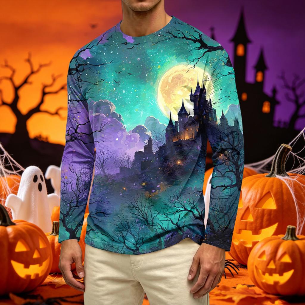 Men's Long Sleeve Casual T Shirt Crew Neck Haunted House Print Halloween Theme Graphic Tee Comfortable Fit