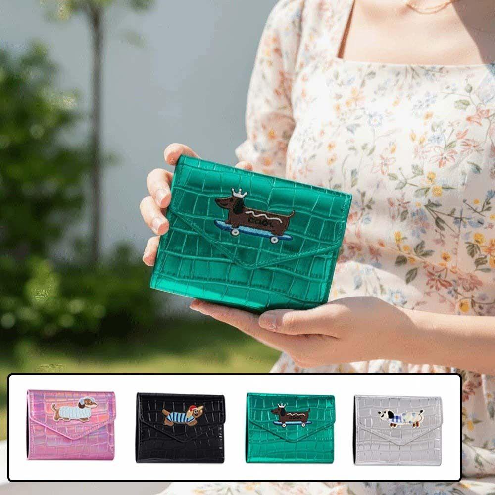 Portable Crocodile Pattern Wallet Candy Color Embroidered Sausage Dog Short Leather Purse Multiple Card Anti-splash Water