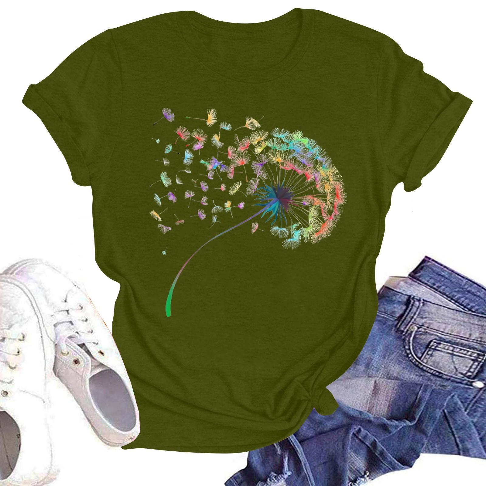 

Женская повседневная свободная футболка с принтом, круглый вырез, пуловер, короткий рукав, топ L армия зеленый