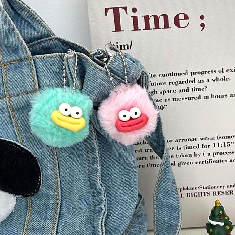 Cartoon Sausage Mouth Hair Ball Key Chain Phone Pendant Couple Key Ring Backpack Charms Car Bag Decor Christmas Gift