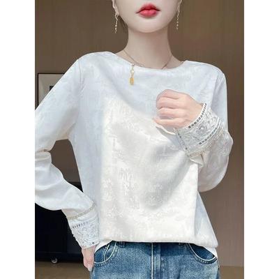 Camisa de Satén con Cuello Redondo Estilo Nuevo Otoño Primavera para Mujer Jacquard Chino Nuevo Casual para Combinar