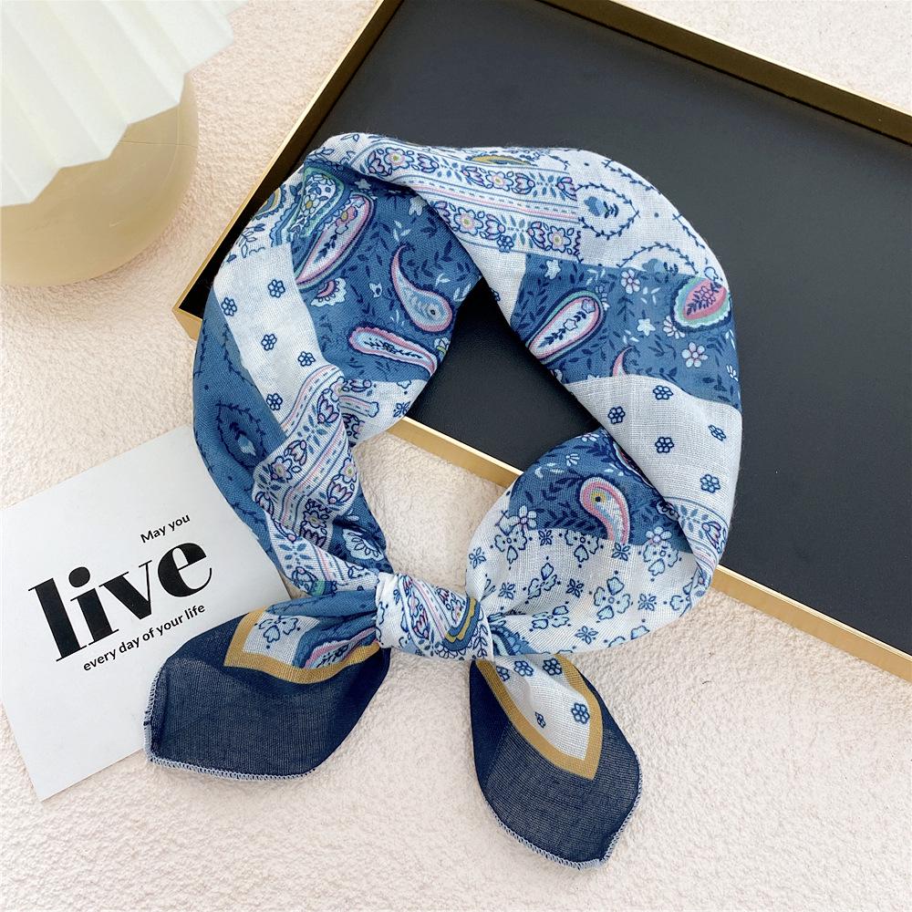 58 Cashew Silk Small Square Scarf: Korean Style Cotton Linen Printed Headscarf and Hairband for Women, Ideal for Spring, Summer, and Autumn.