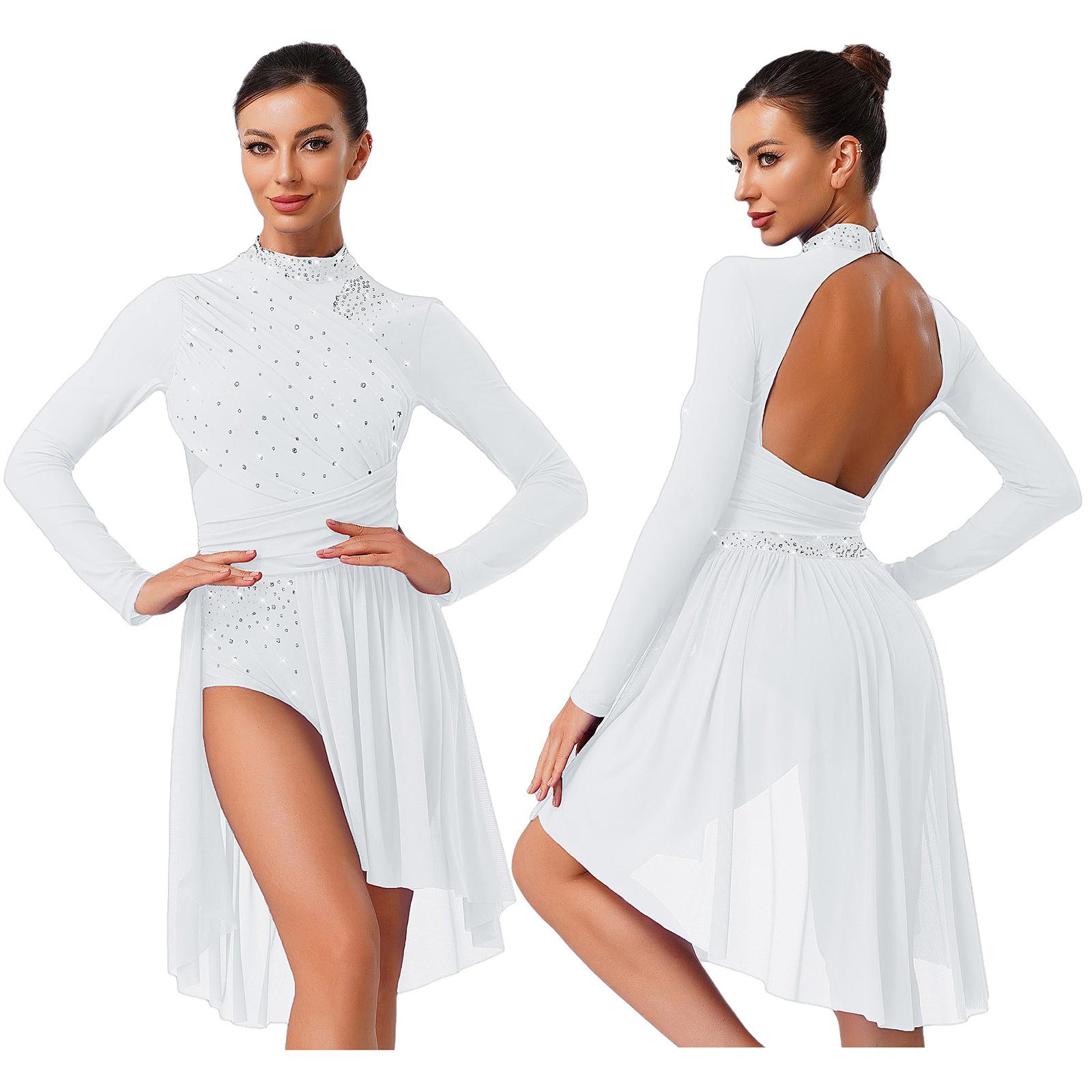 

Жіноча боді-сукня з довгим рукавом та відкритою спиною, прикрашена стразами, блискітками та драпіруванням, танцювальний костюм M білий