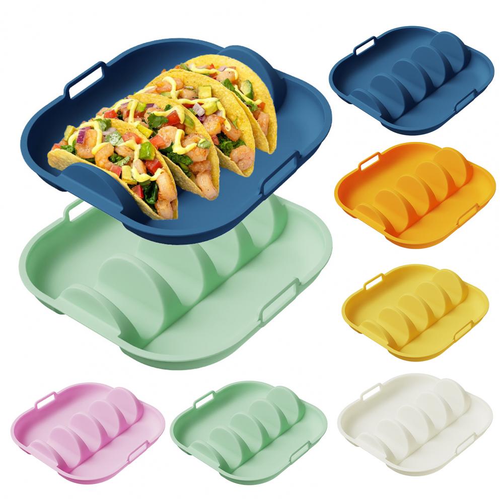 Silicone Taco Holder Reusable Taco Plates with 4 Dividers And Handle Dishwasher Microwave Oven Safe Taco Serving Tray