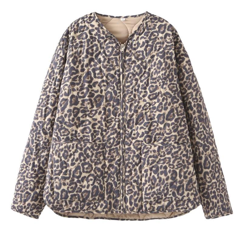 Womens Winter Warm Cotton Padded Jacket Loose Fit Round Neck Zipper Front With Large Pockets