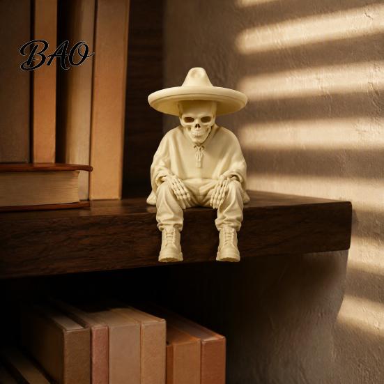 Spooky Aesthetic Office Ornaments 3D Printed Sitting Skeleton Shelf Sitter Figurine, Gothic Hat Desktop Unique Room Accessories Ornament, Trendy Home