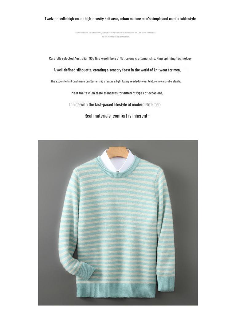 Men's 100% Pure Wool Striped Round Neck Sweater - Casual Cashmere Knitwear