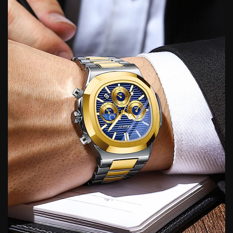 2025 Luxury Watch Men Business Fashion Waterproof Stainless Steel Chronograph Moon Phase Quartz Wristwatch Male Clock