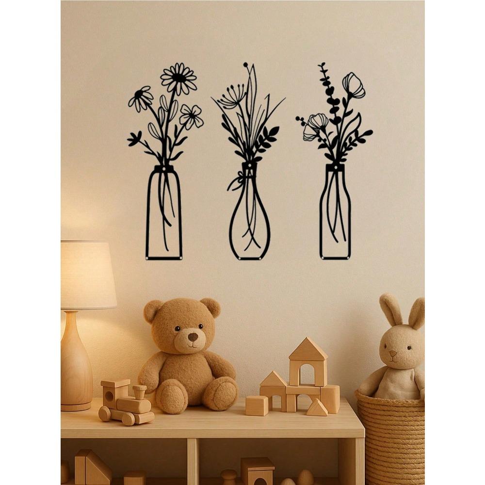 3 Piece Black Acrylic Floral Wall Art Set with Vase Modern Minimalist Home Decor Gift