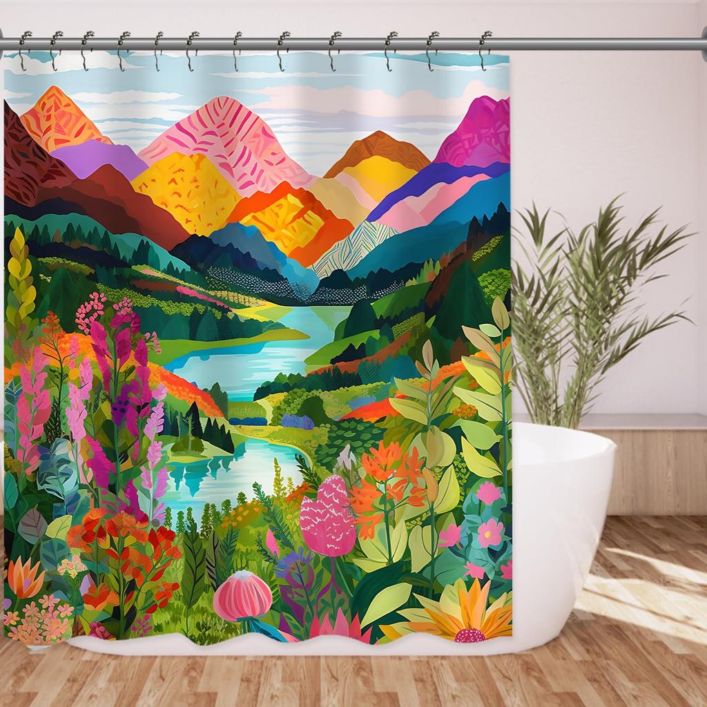 Boho Mountain Floral Shower Curtain, Bright Flowers and Lake Landscape, Waterproof Fabric Bathroom Curtain for Whimsical Decor