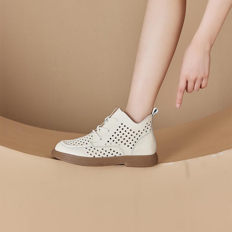 Spring first layer cowhide leather hollow Martin boots women's lace-up women's leather boots large size casual shoes