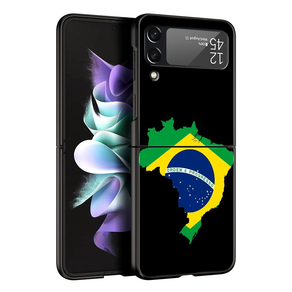 Phone Case for Samsung Galaxy Z Flip 3 4 5 6 7 Folding Black Shell For Samsung Z Flip4 Flip5 PC Hard Cover Large Brazil Flag
