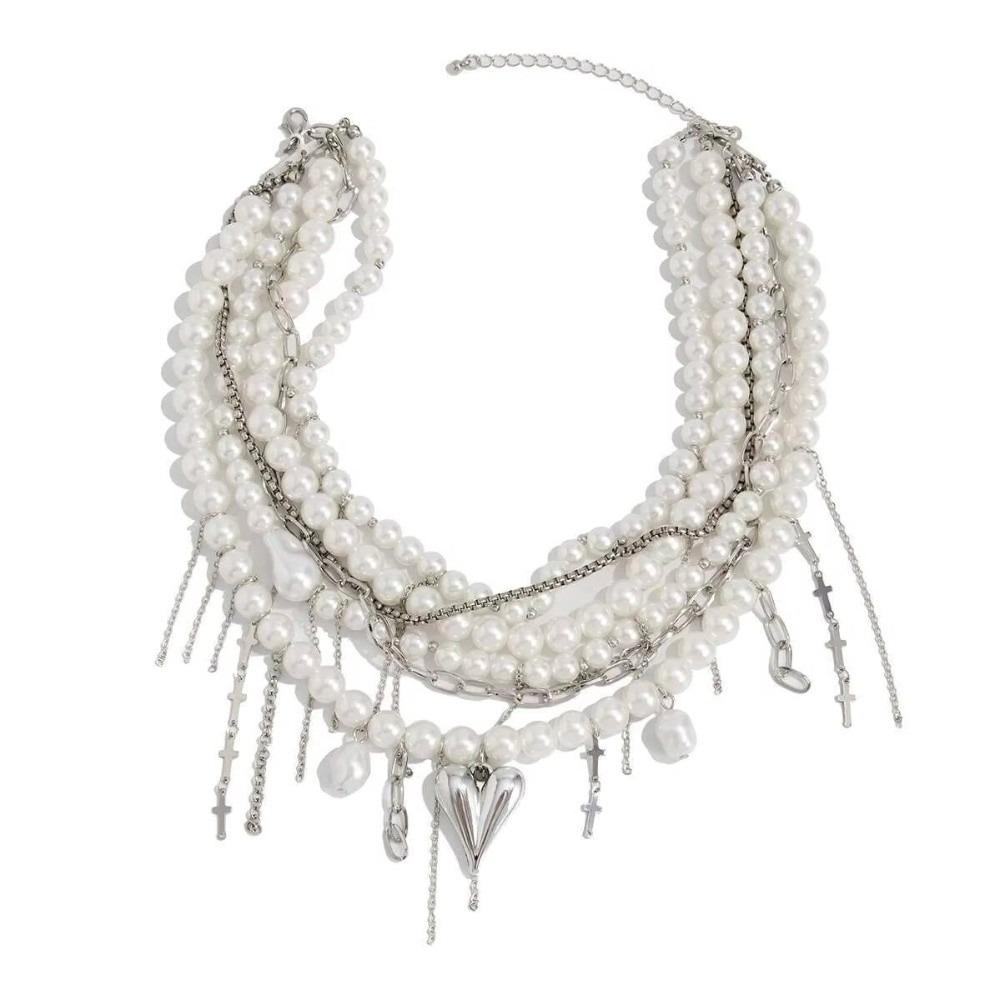 Imitation Pearl Collarbone Chain Exaggerated Choker New Goth Love Heart Pendant  Girls