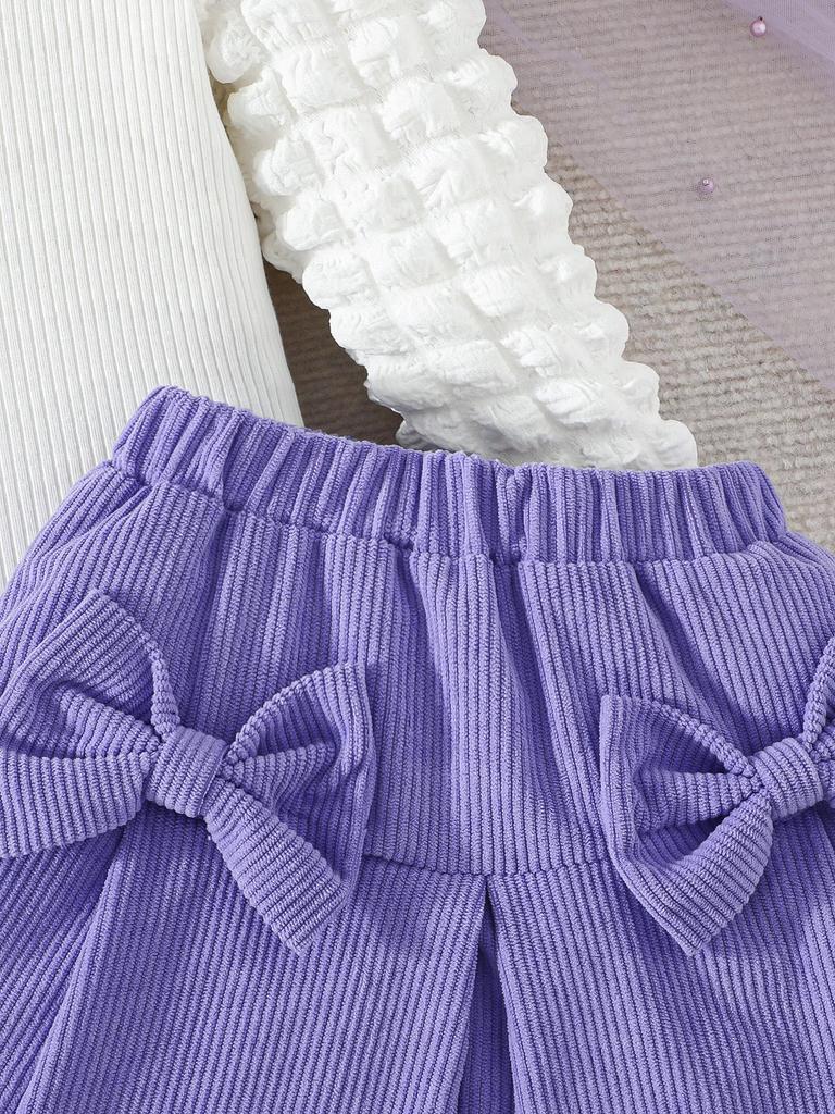 Girls' Bubble Sleeve Top & Bow Skirt 2Pcs Outfit