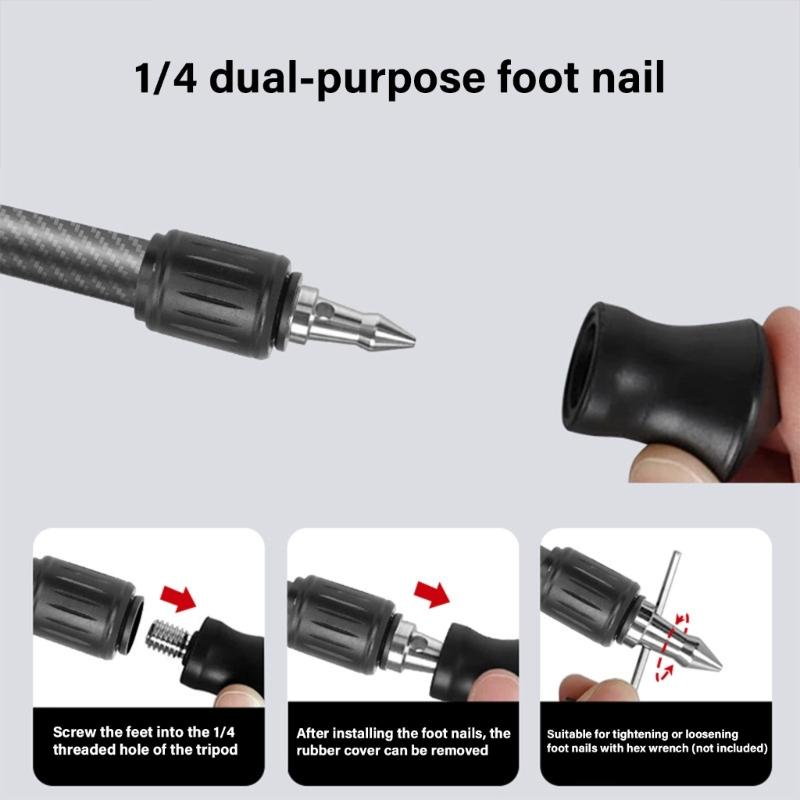 3PCS Durability Rubber Foot 1/4 Stainlessed Steel Foot Nail For Various Tripods Enhances Grip
