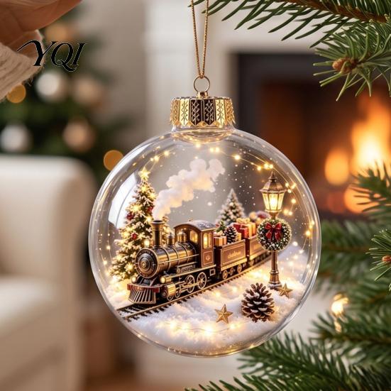 3D Winter Scene Decorations Lighted Christmas Ball Ornaments, Miniature Hanging with Warm LED Decorative Acrylic Holiday Spheres Light, Clear