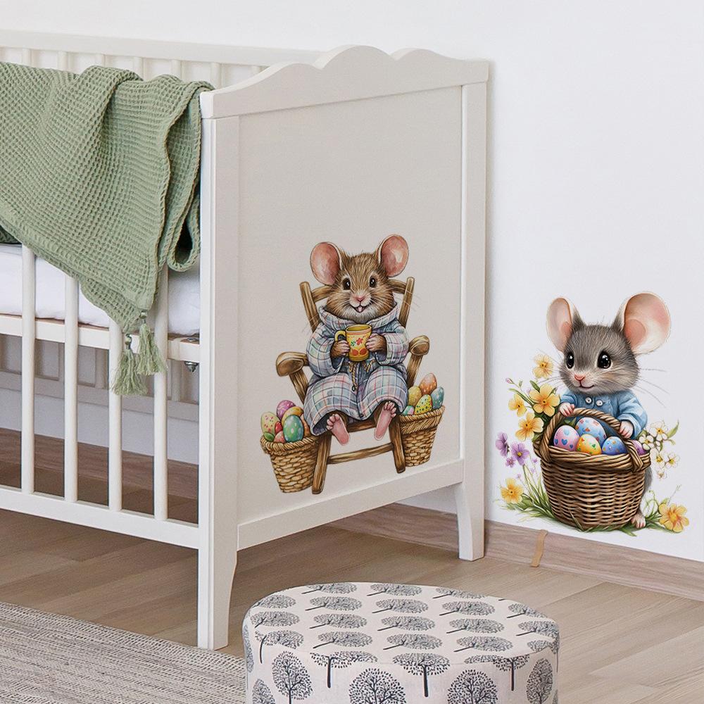 Hand Painted Mouse with Easter Eggs Wall Sticker Self-Adhesive Removable for Bedroom Living Room Background Home Decor