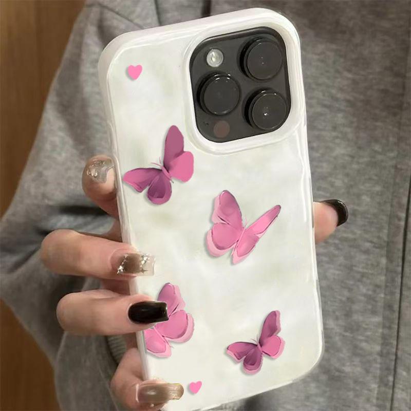 Advanced Pink Butterfly Phone Case for iPhone 17 16 15 14 13 11 12 Pro Max Plus 17 Air Folds Texture Shockproof Soft Cover