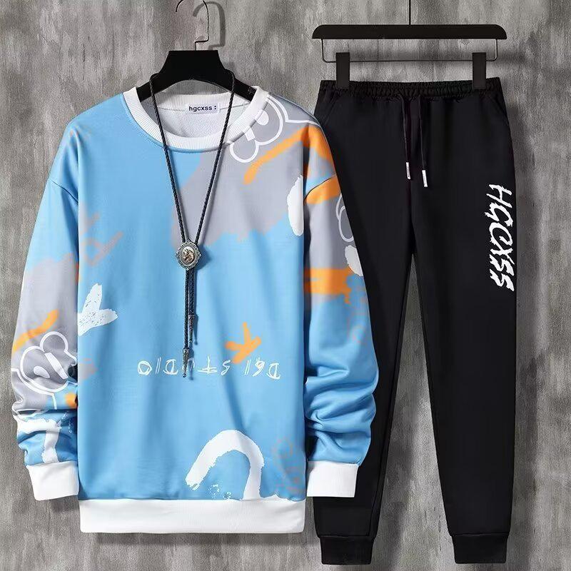 

Трендовый мужской спортивный комплект из двух предметов с принтом — длинный рукав, круглый вырез для подростков и студентов (Весна осень) M