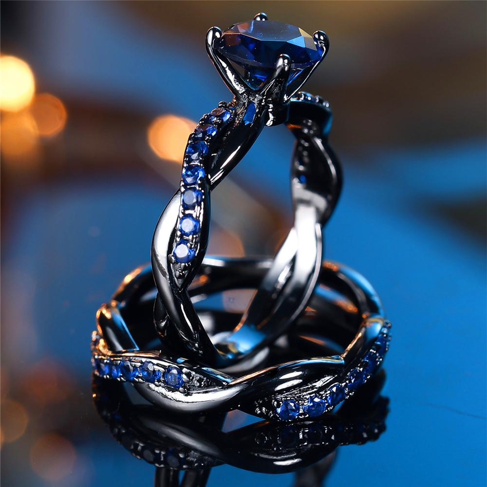 Kryształowy Pierścionek Kwadratowy Kamień Błękitny Cyrkon Zestaw Modny Vintage Czarny Kolor Ślubny Zaręczynowy Dla Kobiet