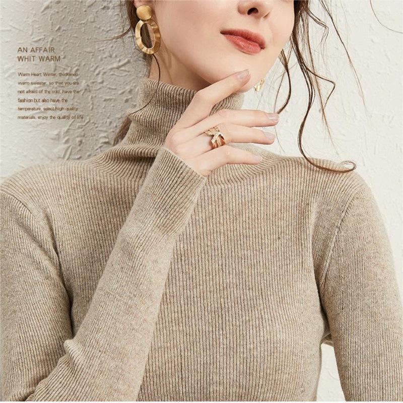 Soft waxy pile-neck knitted bottoming shirt for women, slim spring and autumn style temperament versatile solid color turtleneck bottoming