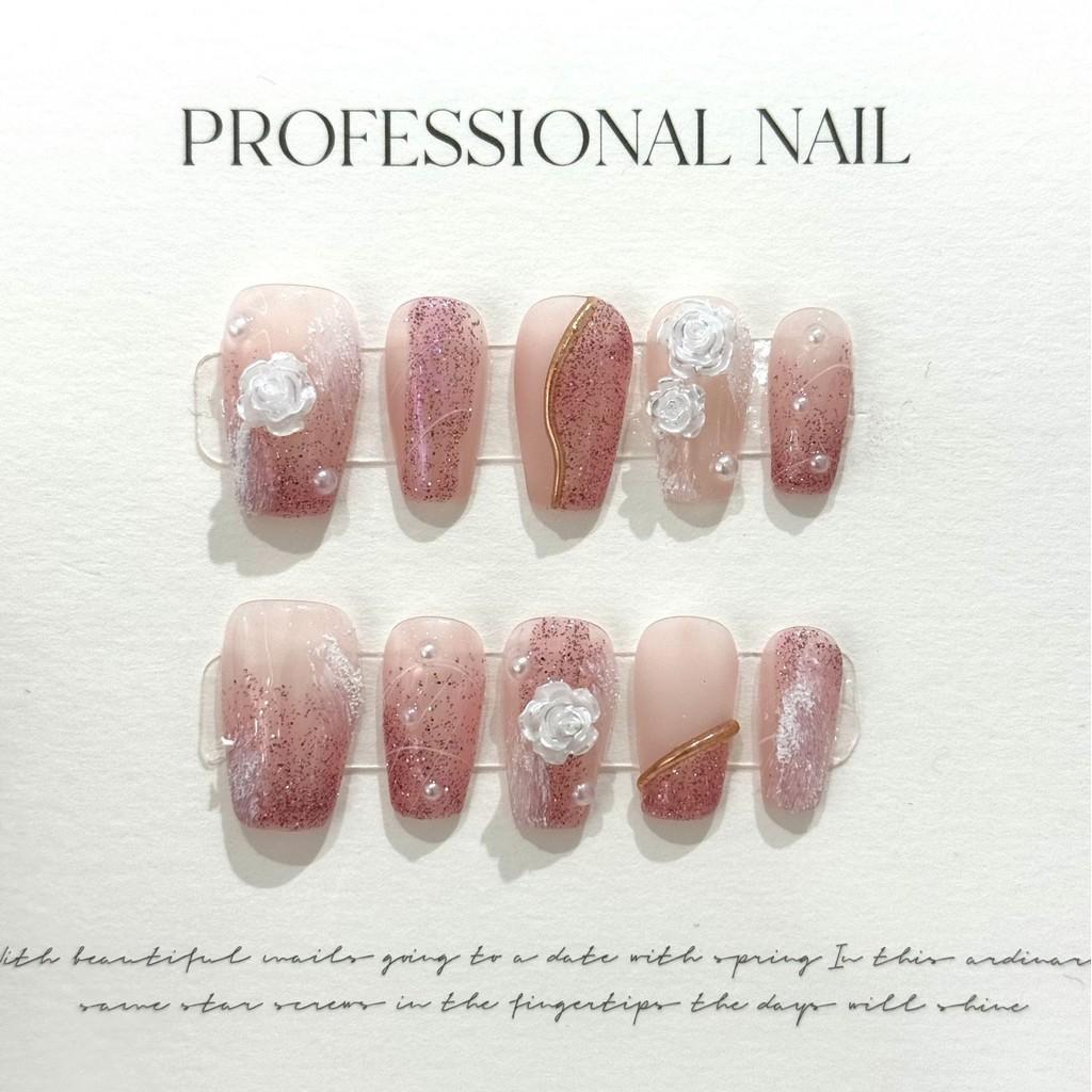 

Искусственные ногти ручной работы, короткие, французские, камелии, душ с золотом, ногти для фототерапии, накладные ногти, многоразовые и съемные ногти L