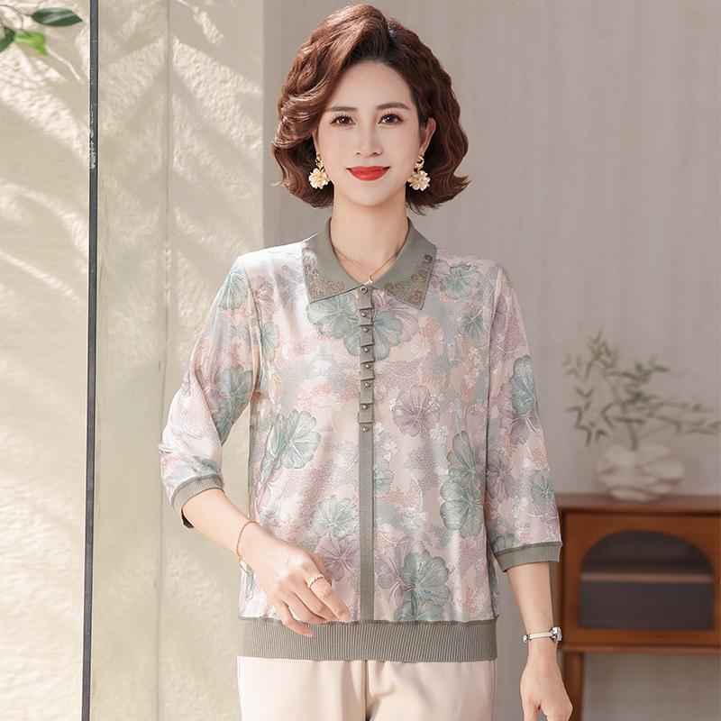 

2026 Spring New Arrival Ice Silk Lapel Seven-Sleeve Top for Middle-Aged and Elderly Women L (recommended for 80-100 jin)