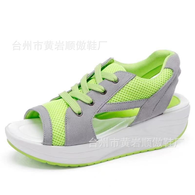 Sandals Women's Summer New Fashion Fish Mouth Sandals Lace-up Wedge Heel Rocking Bottom Sports Sandals