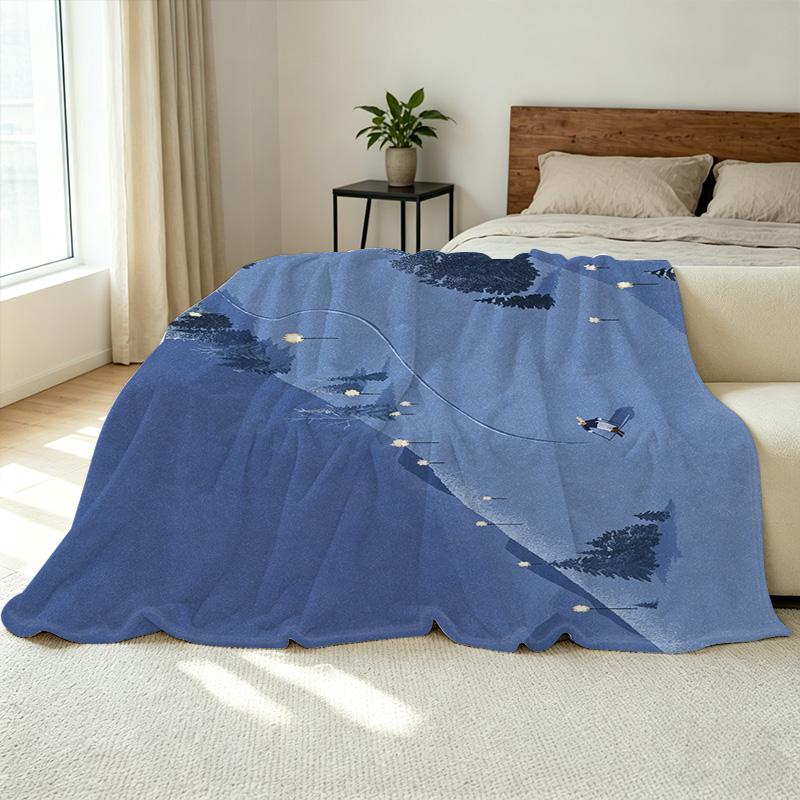Soft Warm Flannel Fleece Throw Blanket, Ski Themed Cozy Bedding, Perfect for Home, Dorm, Christmas & Halloween Use