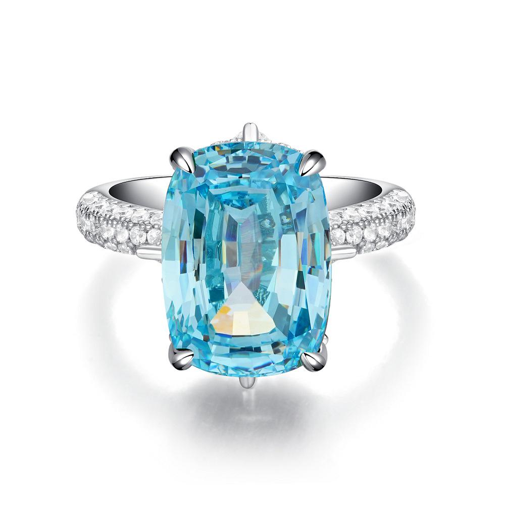 Jiu Mei S925 Sterling Silver Aquamarine Ring with 10 Carat High Carbon Diamond Zircon for Women.