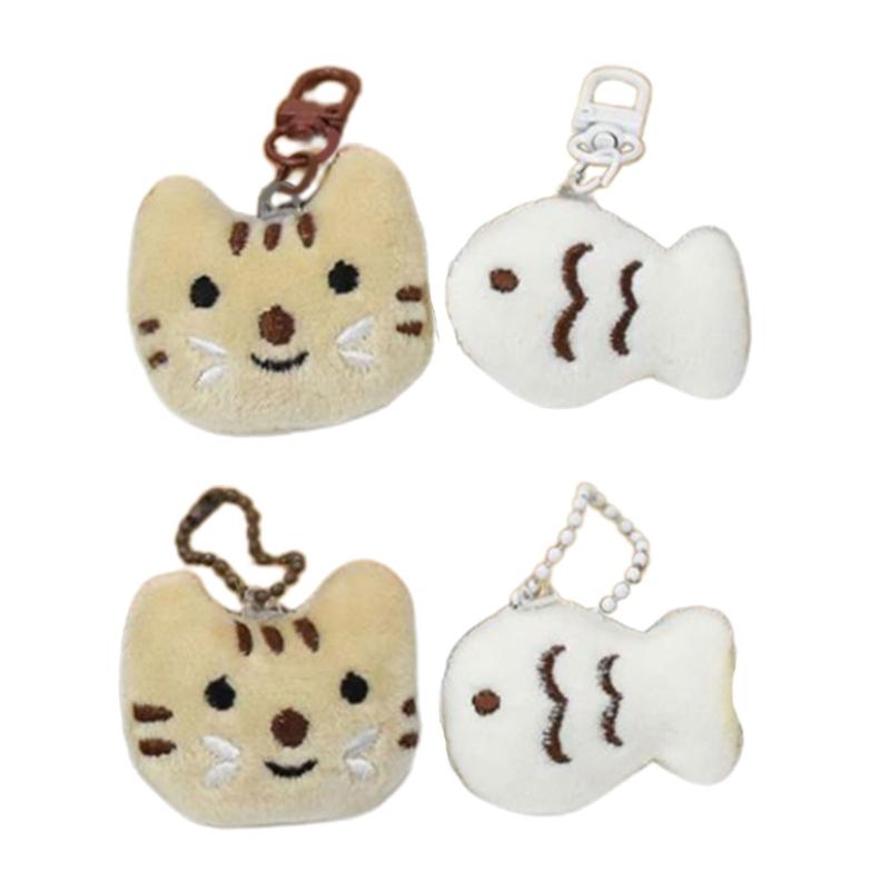 2pcs Lovely Little Cat and Fish Plush Toy Keychain Backpack School Bag Pendant Keyring Phone Chain Friend Couple Gift